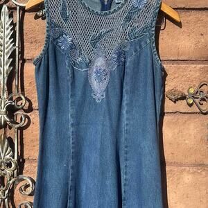 Style Works Denim Maxi Dress - Crochet and Embroidered